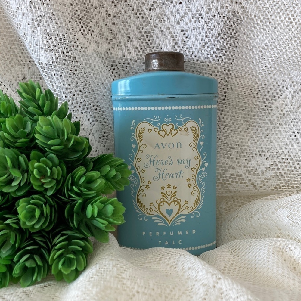 Vintage 1970s Avon Heres My Heart Perfumed Talc Body Powder Tin with some powder